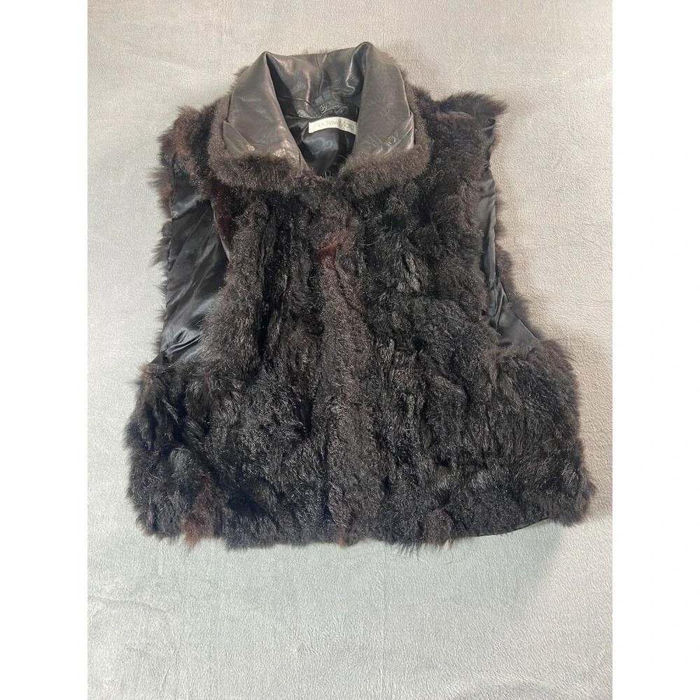 Vintage Andrew Marc New Zealand Opossum Fur Vest Coat Full Zip Leather Trim Sz L